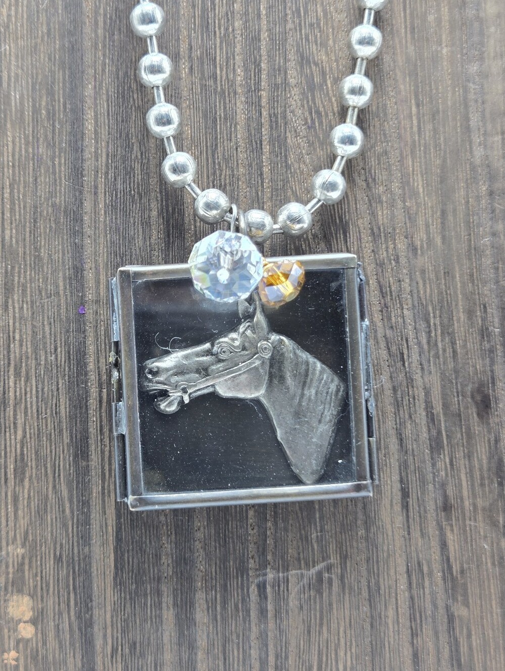 Artisan Horse Head Art Box Necklace Crystal Beaded Accent Statement Costume OOAK
